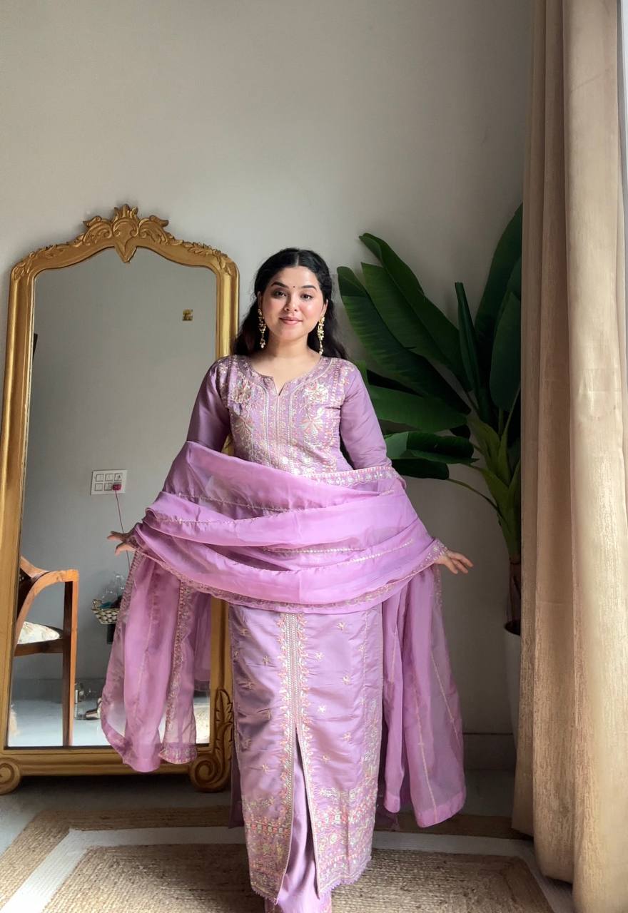 Lavender Roman Silk Palazzo Suit with Sequin Embroidery