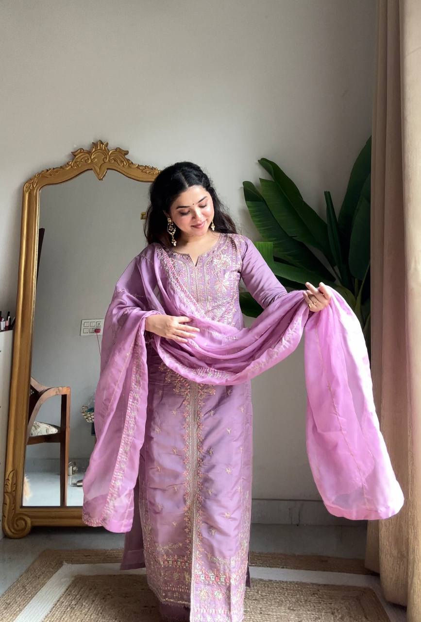 Lavender Roman Silk Palazzo Suit with Sequin Embroidery