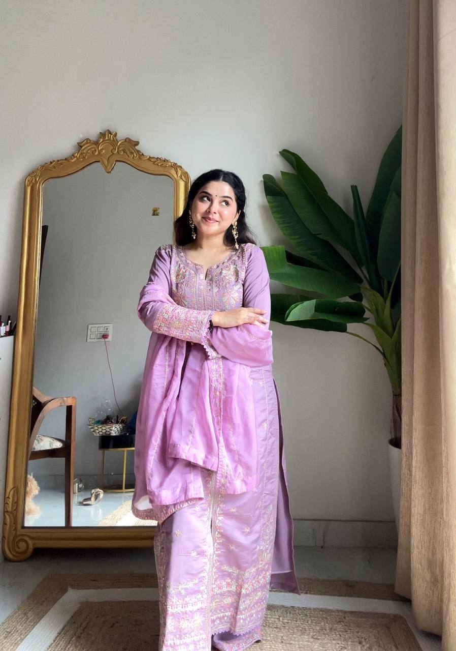 Lavender Roman Silk Palazzo Suit with Sequin Embroidery