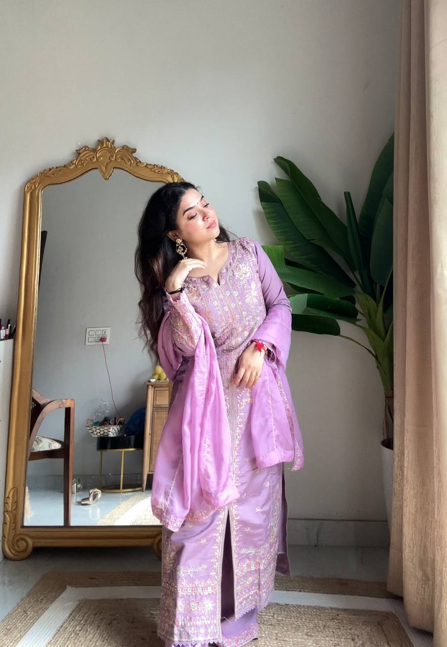 Lavender Roman Silk Palazzo Suit with Sequin Embroidery
