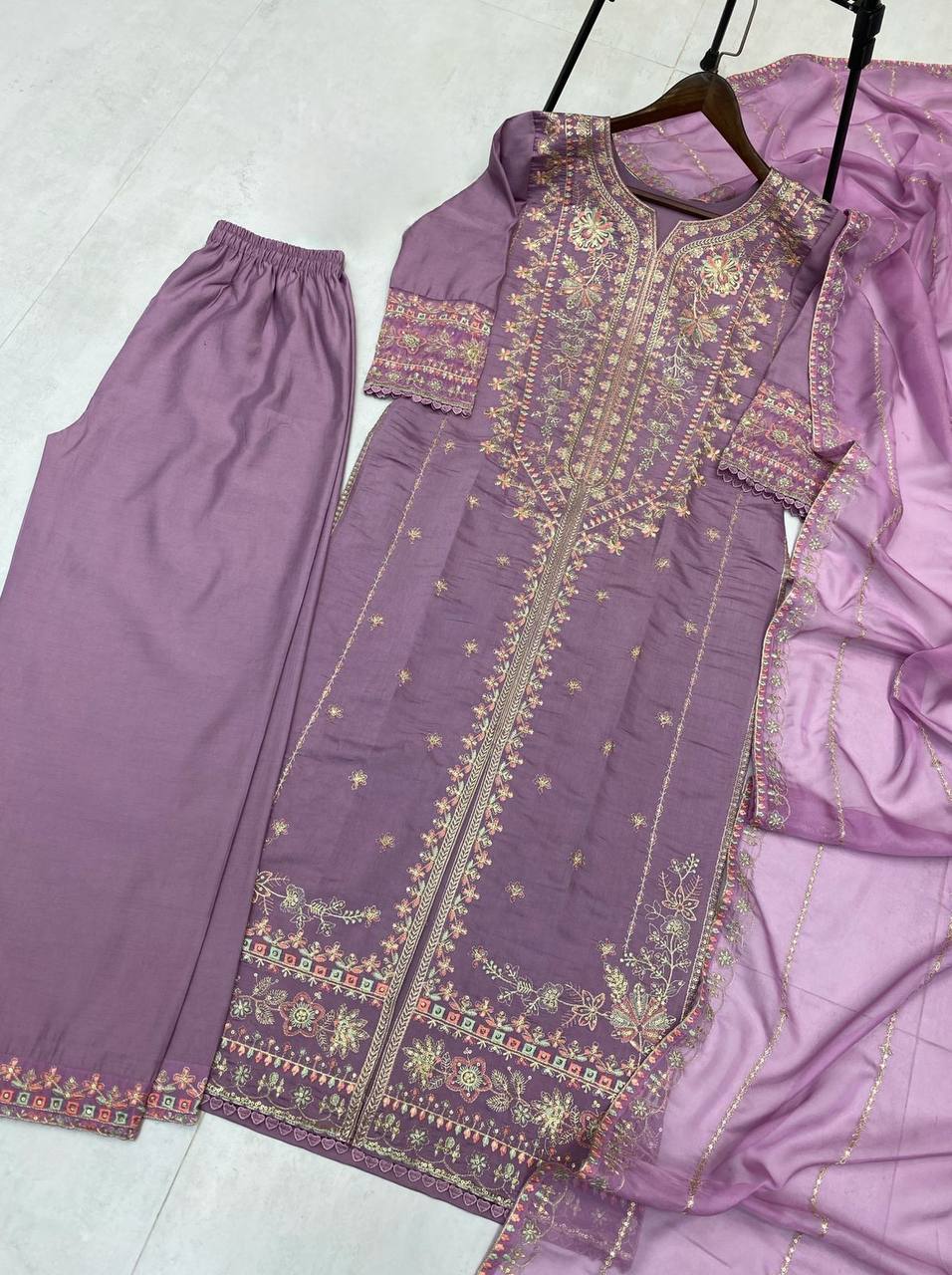 Lavender Roman Silk Palazzo Suit with Sequin Embroidery
