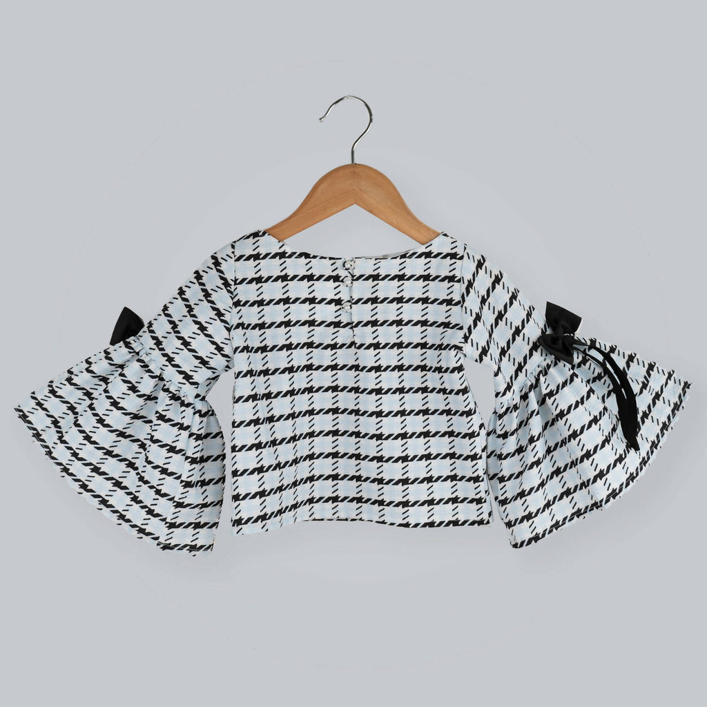 Black and White Box Printed Top with Bell Sleeves and Bow Detail