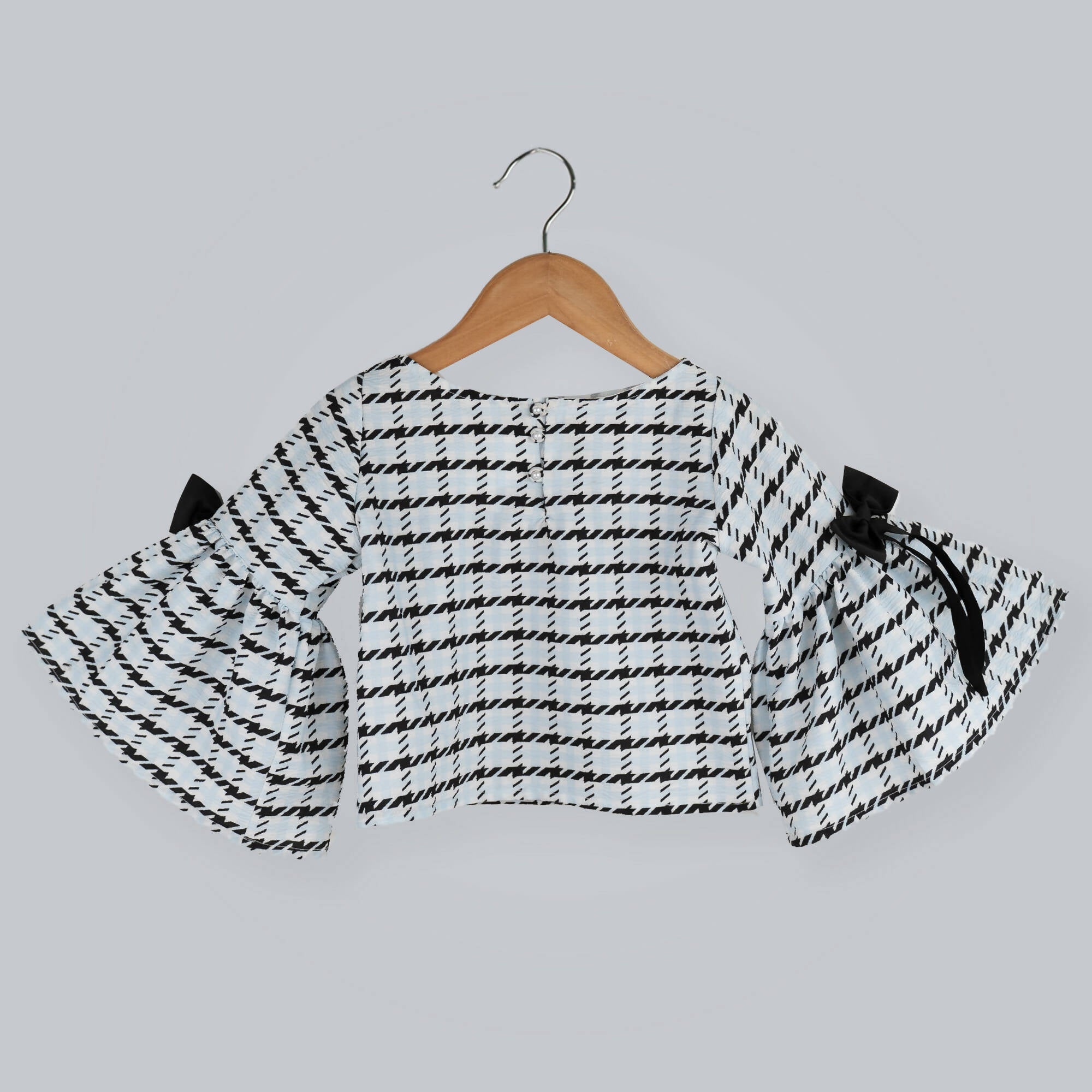 Black and White Box Printed Top with Bell Sleeves and Bow Detail