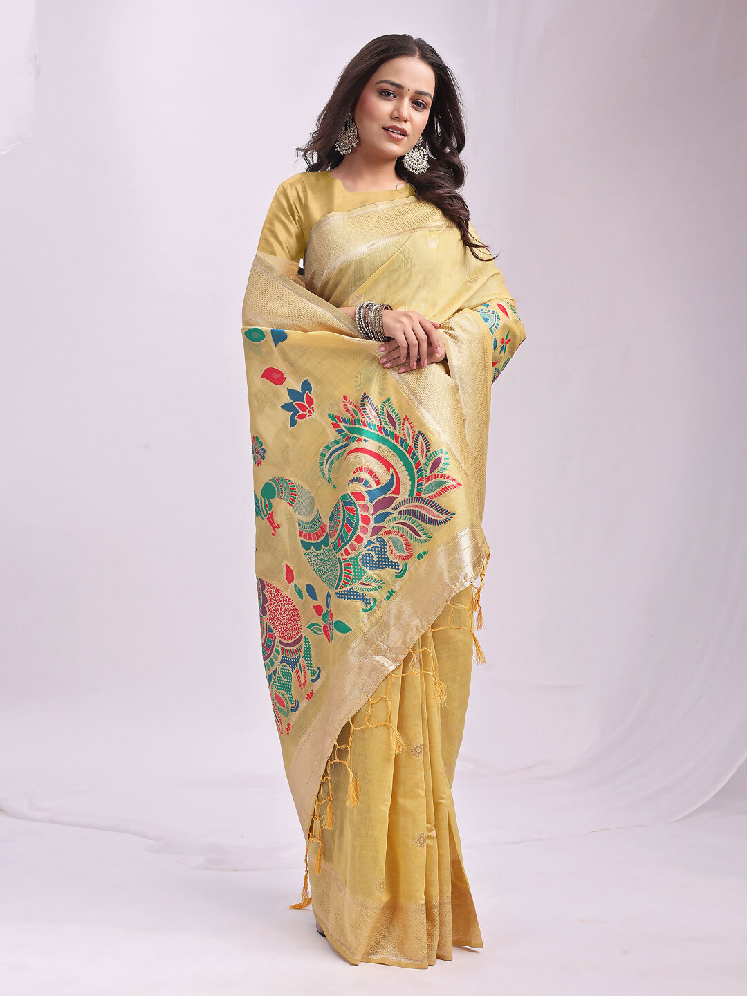 Women's Yellow Linen Cotton Saree - Classic Traditional Ethnic Wear