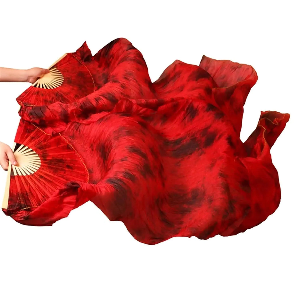 HPLWJO Belly Dance Real Silk FansWomen 150 * 90cm 1 Pair (Left+Right) Silk Long Fans Veils Belly Dance Dancing Silk Fans for Dance Performance (Red Tie-Dye)