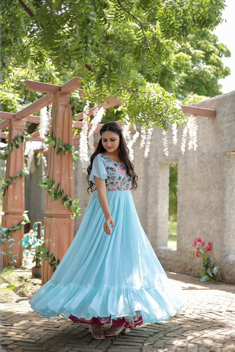 Women's Sky Blue Sequins Embroidered Faux Georgette Anarkali Dress