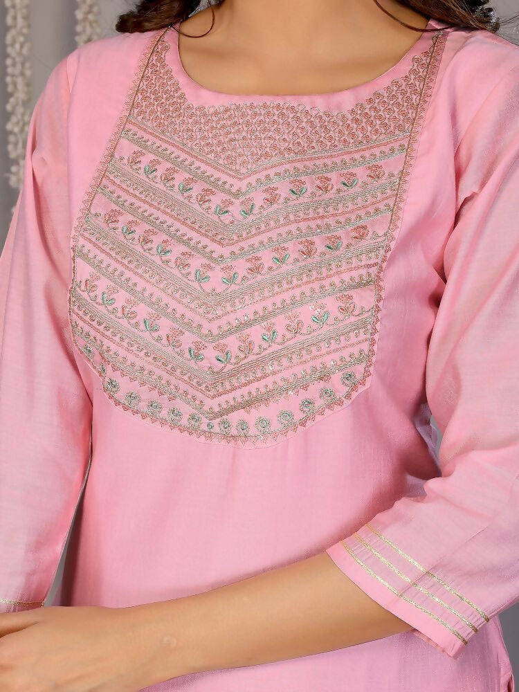 Women Light Pink Roman Embroidery Stitched Kurta Set with Dupatta