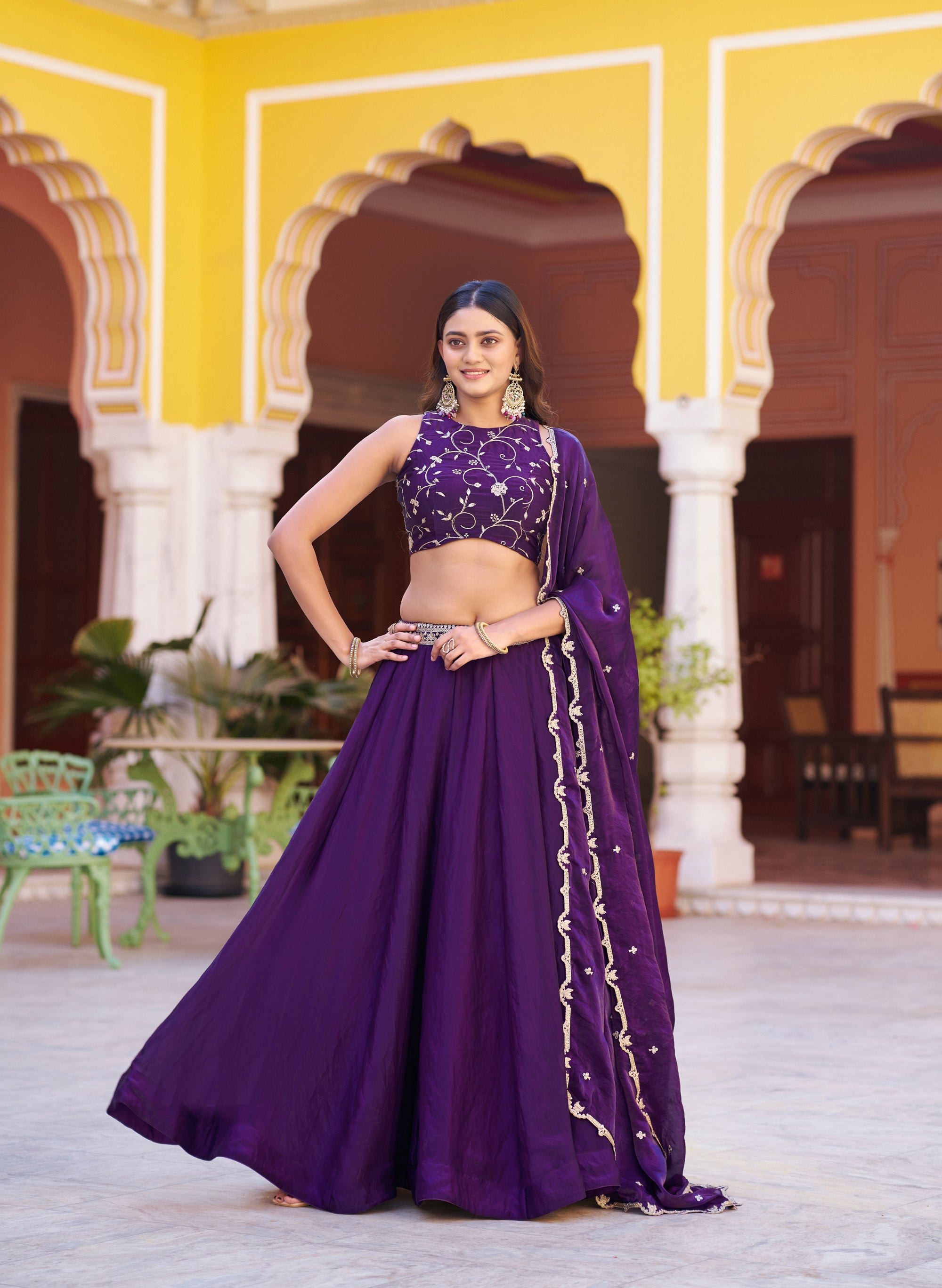 Purple Fendy Satin Lehenga Choli with Sequins and Thread Embroidery