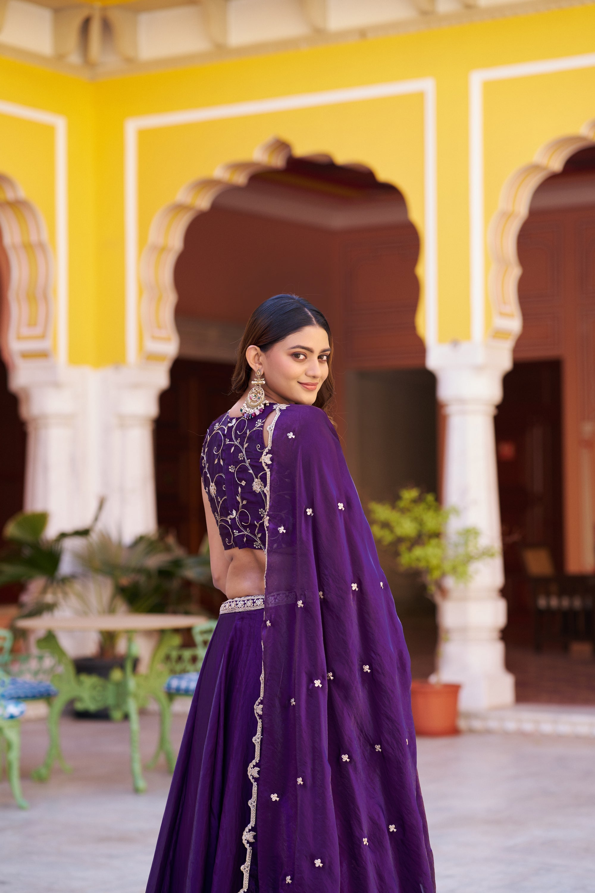 Purple Fendy Satin lehenga choli set with heavy sequins and thread embroidery