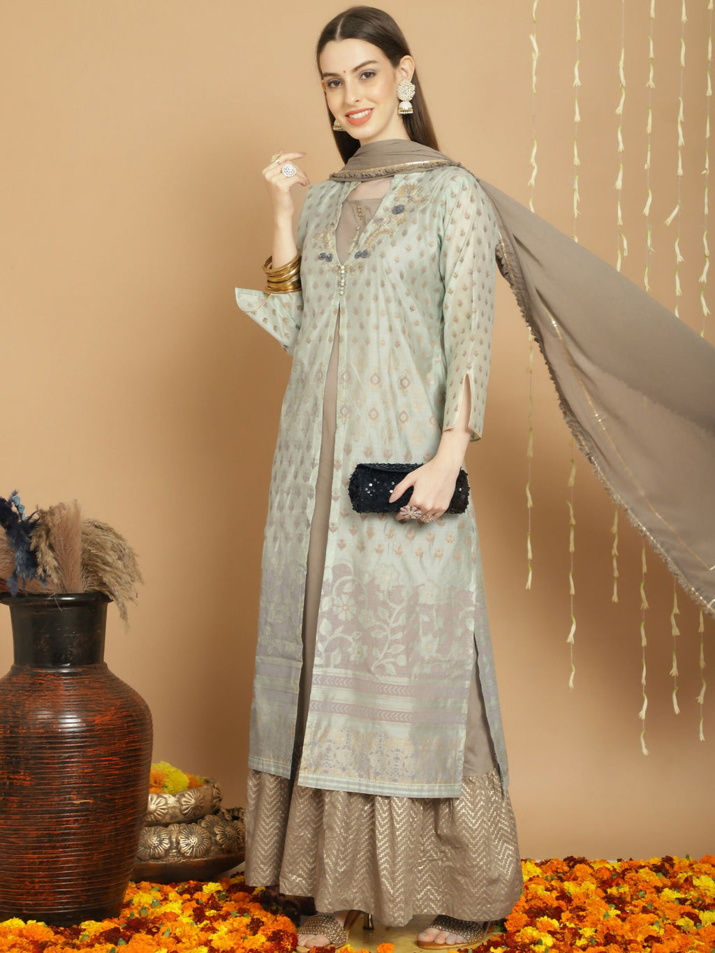 Green Chanderi Silk A-Line Kurta Set with Jardoshi Work