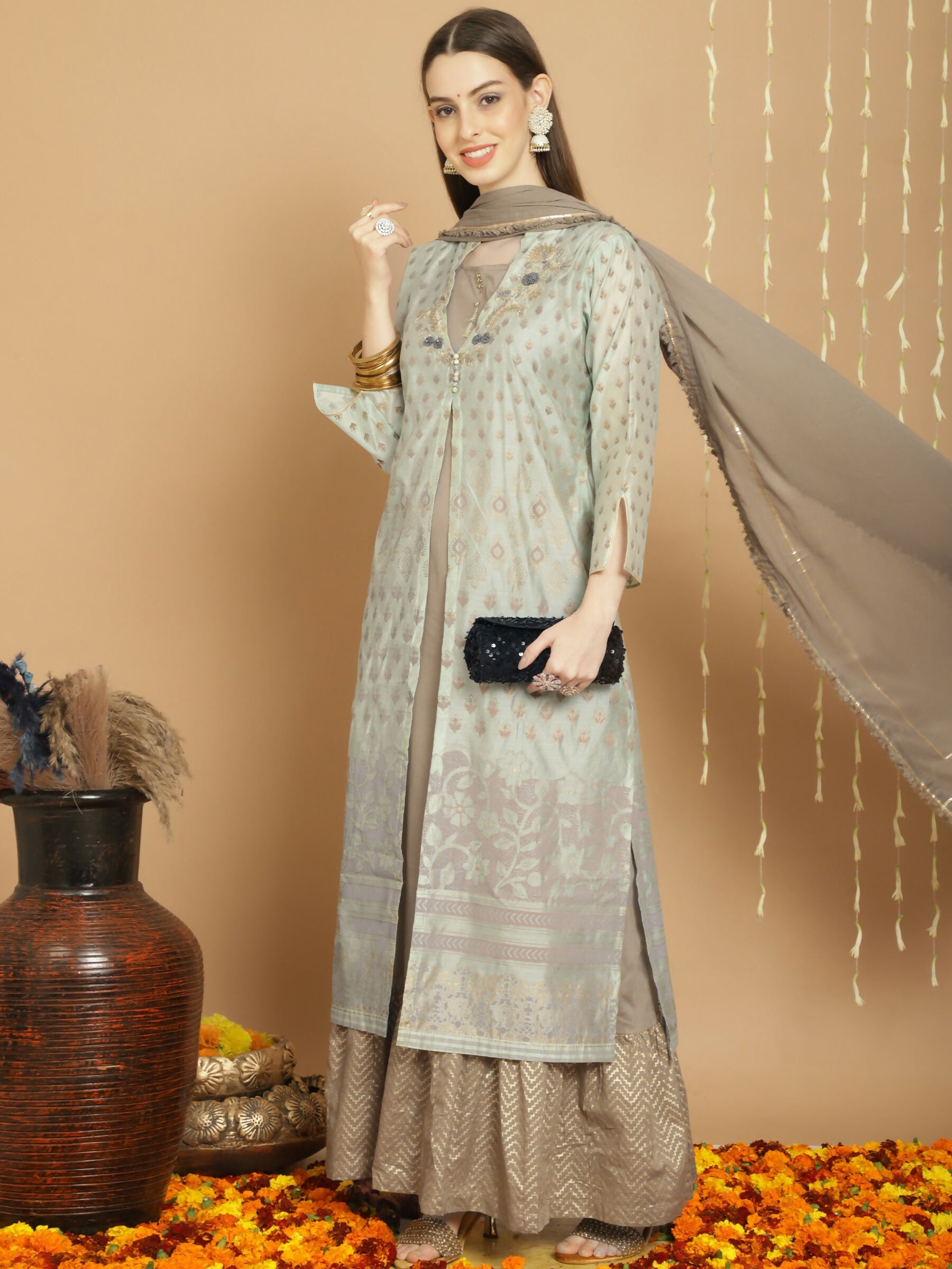 Green Chanderi Silk A-Line Kurta Set with Jardoshi Work