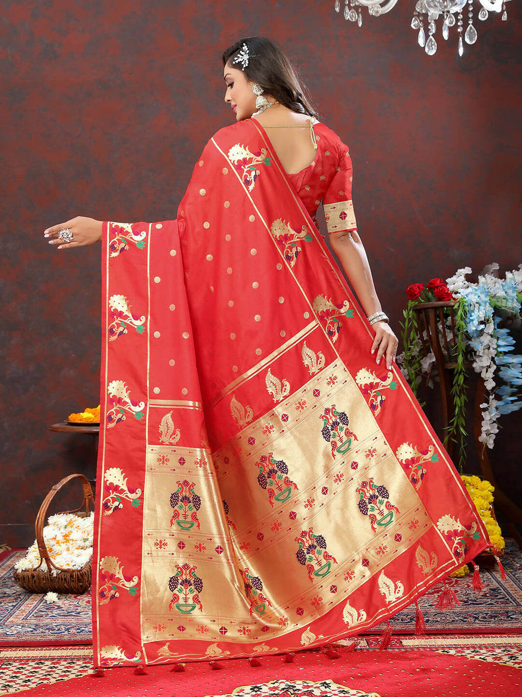 Red Soft Paithani Silk Saree with Gold Zari Meenakari Weaving