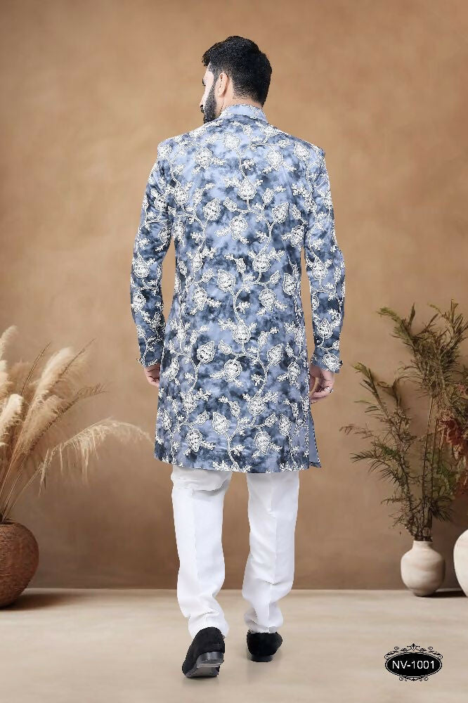 Men's Blue Suede Velvet Kurta Set with Sequence Embroidery