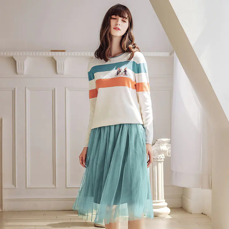 Cartoon Cat Striped Knit Pullover Sweater Cream Blue Orange - Image 2
