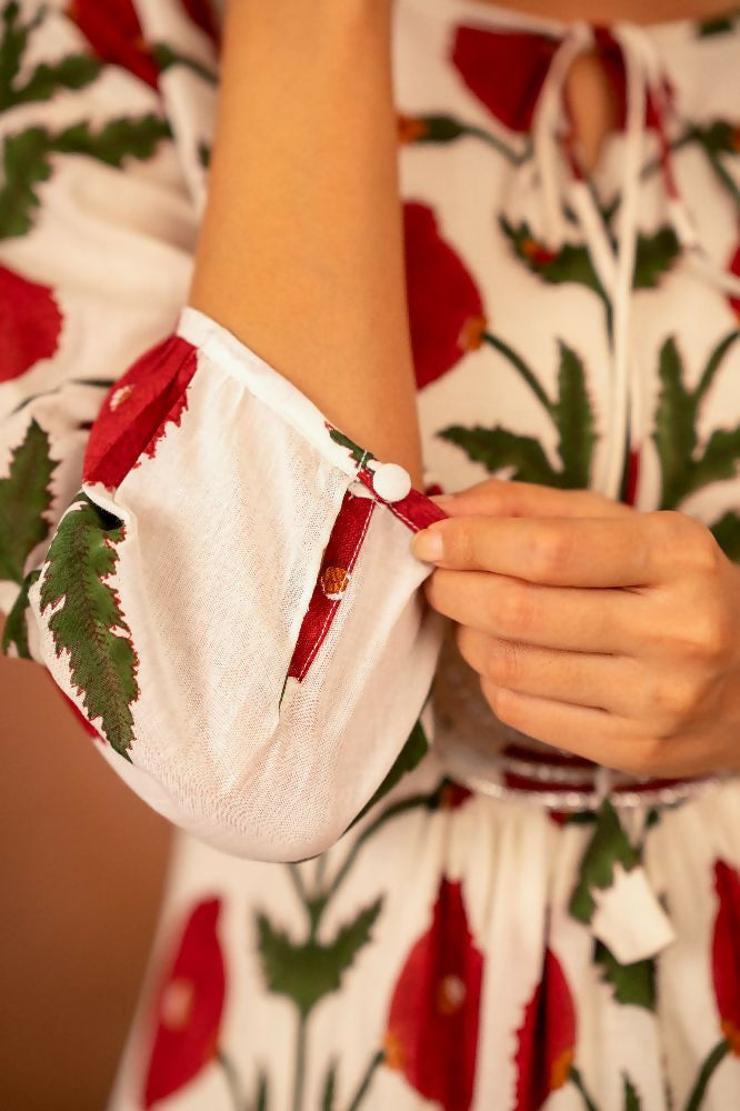 Red Rose Floral Hand Block Printed Cotton Kurta Pant Set