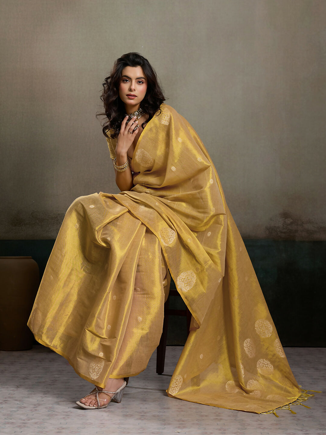 Beige Tissue Silk Saree with Matching Blouse Elegant Draping