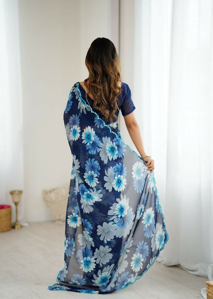 Blue Georgette Saree with Mirror Work and Matching Blouse