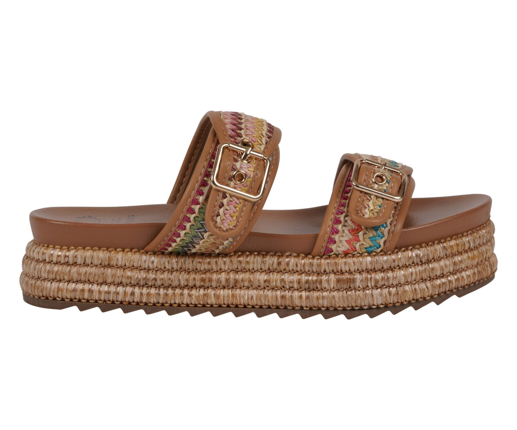 Women’s Woven Double Band Slide Platform Sandals - Tan Multi