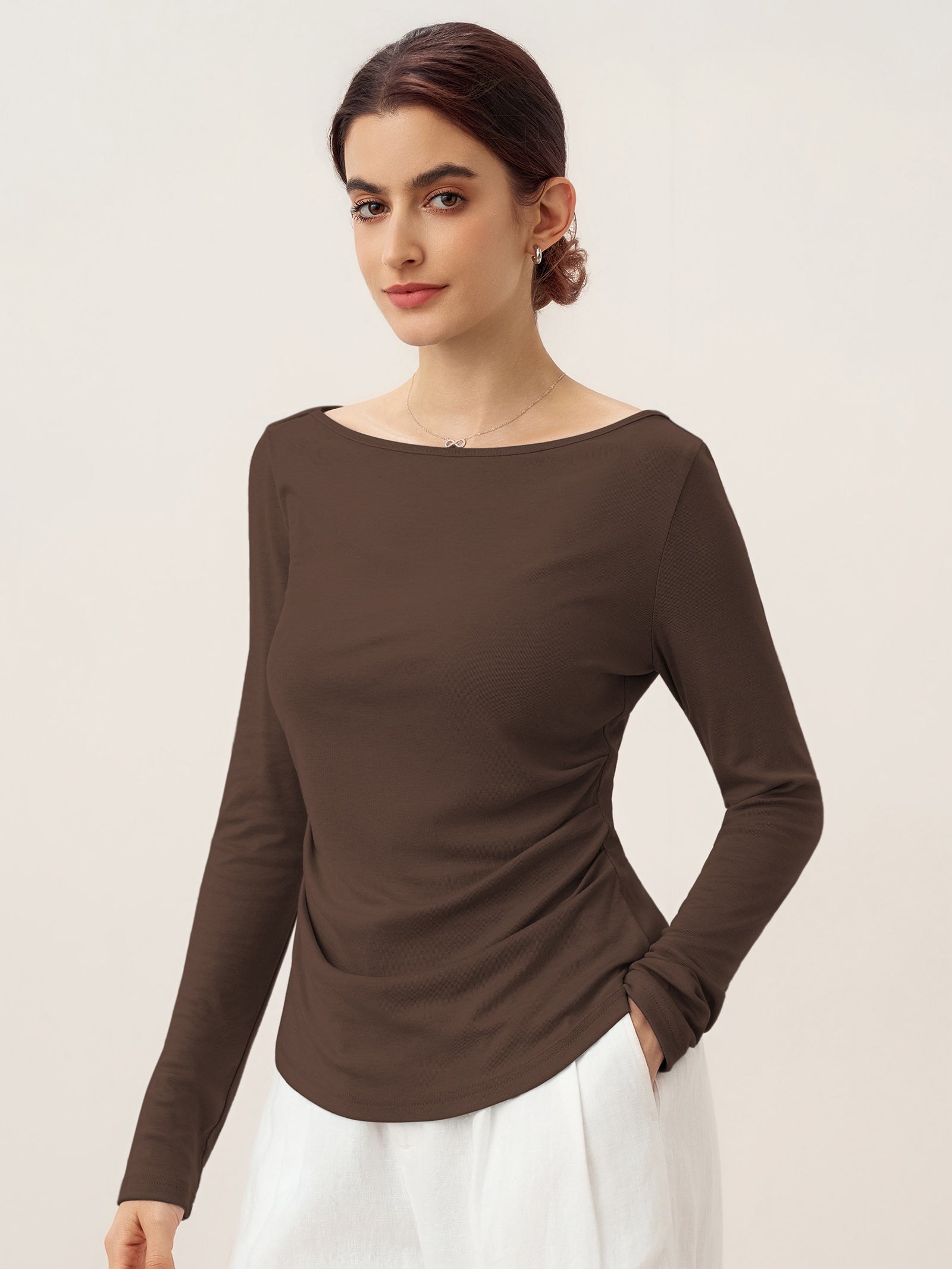 Wool Side Ruched Boat Neck Stretch Top VIVIEN