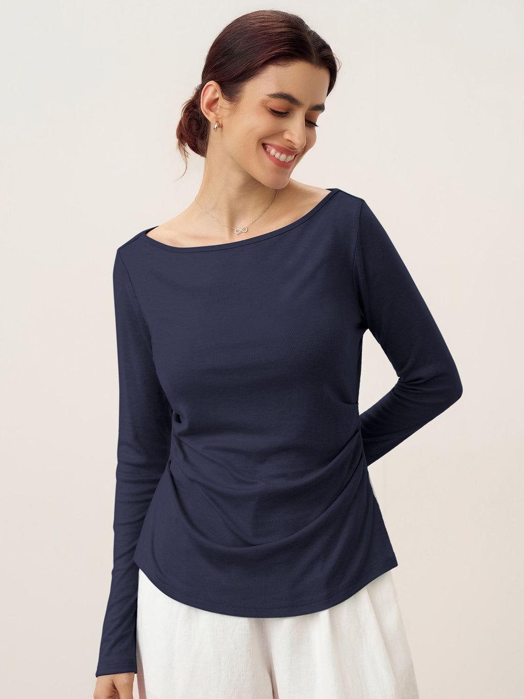 Wool Side Ruched Boat Neck Stretch Top VIVIEN