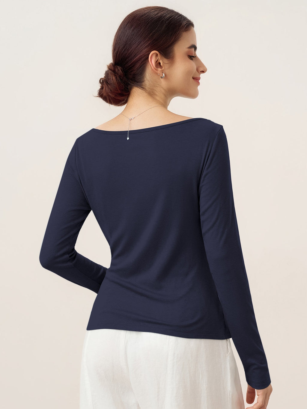 Wool Side Ruched Boat Neck Stretch Top VIVIEN