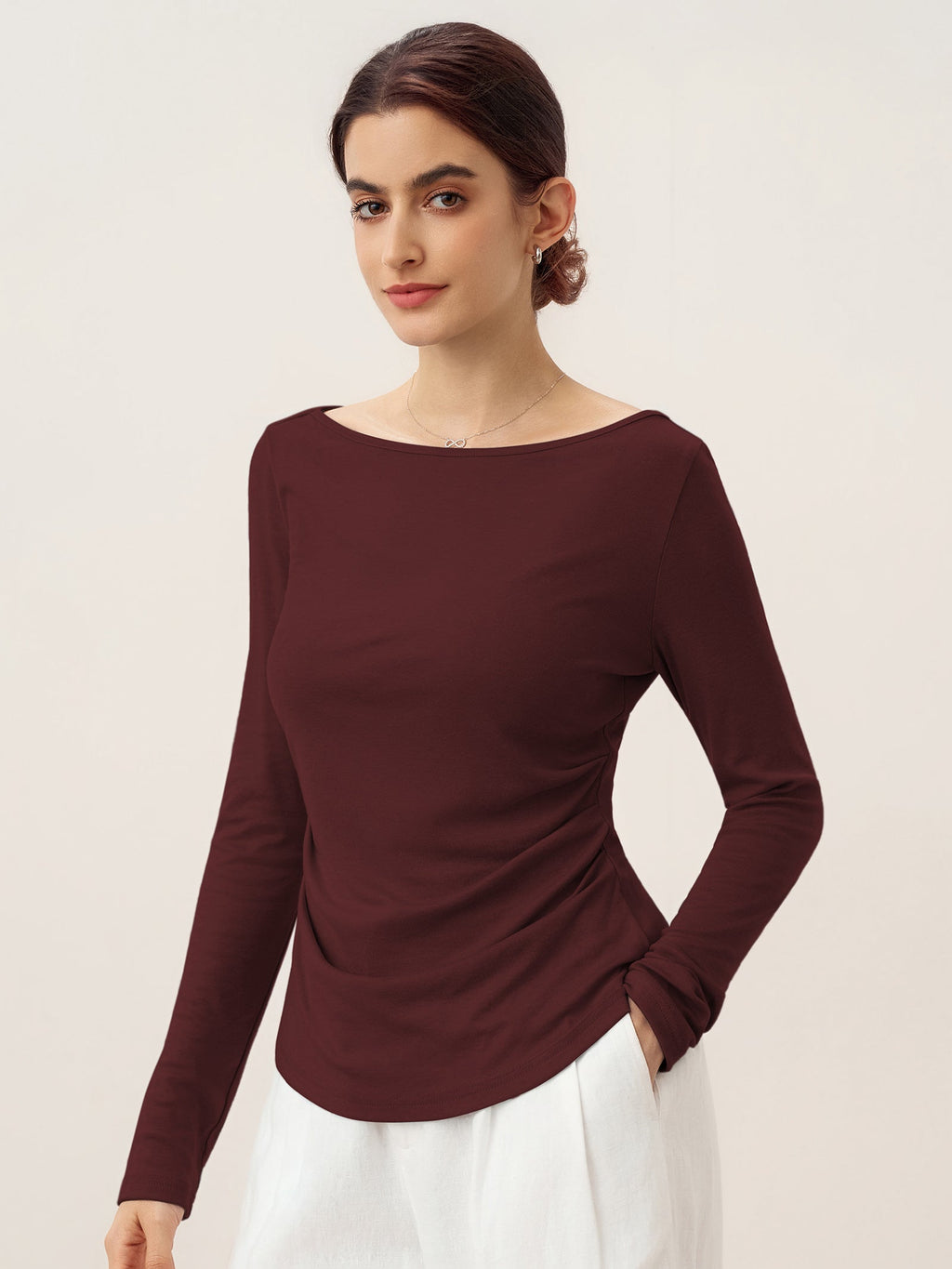 Wool Side Ruched Boat Neck Stretch Top VIVIEN