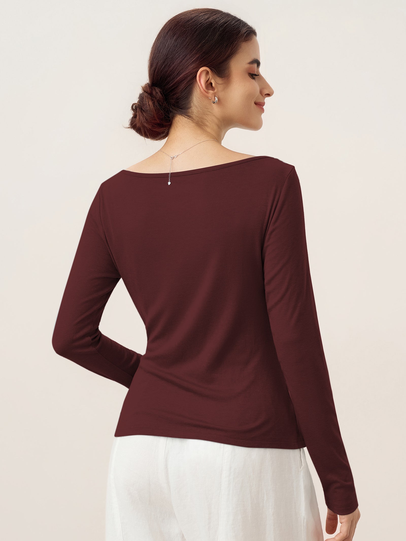 Wool Side Ruched Boat Neck Stretch Top VIVIEN