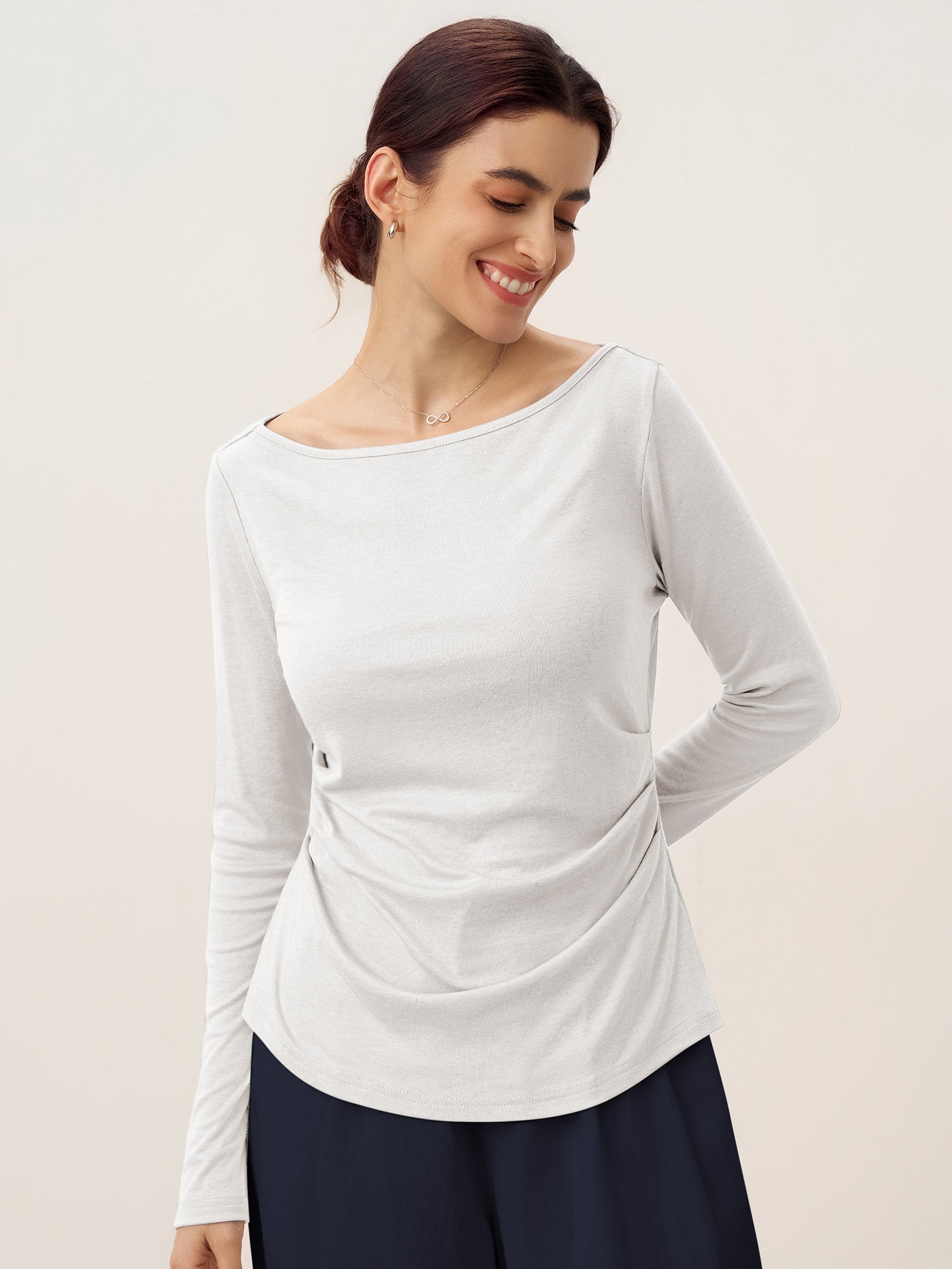 Wool Side Ruched Boat Neck Stretch Top VIVIEN