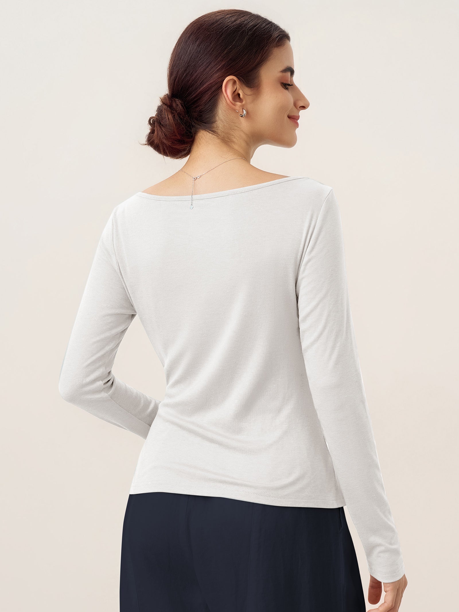 Wool Side Ruched Boat Neck Stretch Top VIVIEN