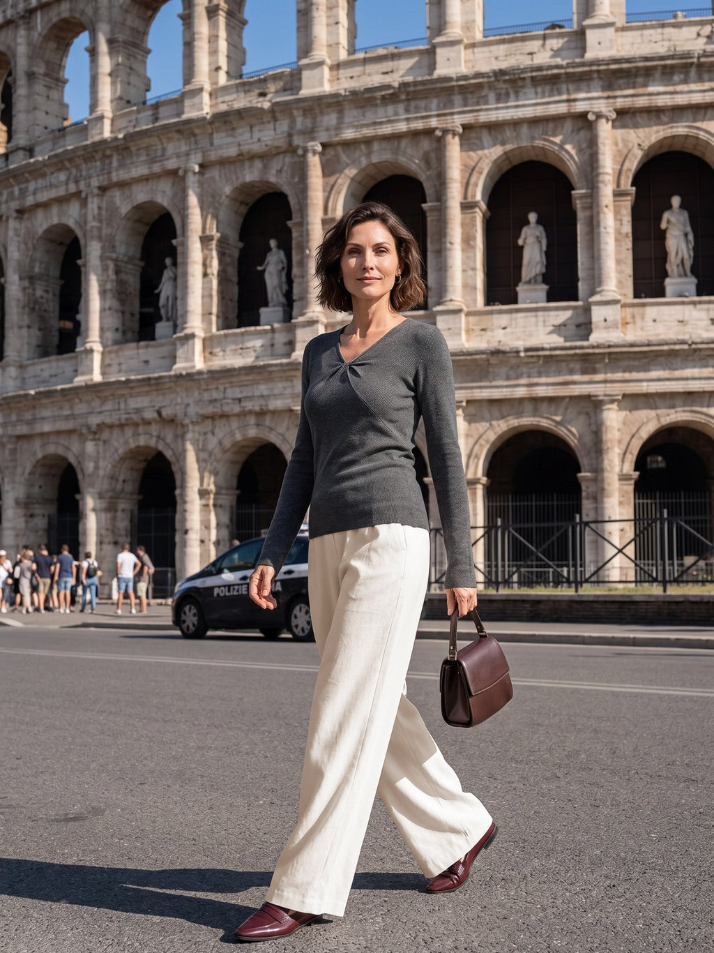 Merino Wool Ruched Panel V-Neck Top RAVEN