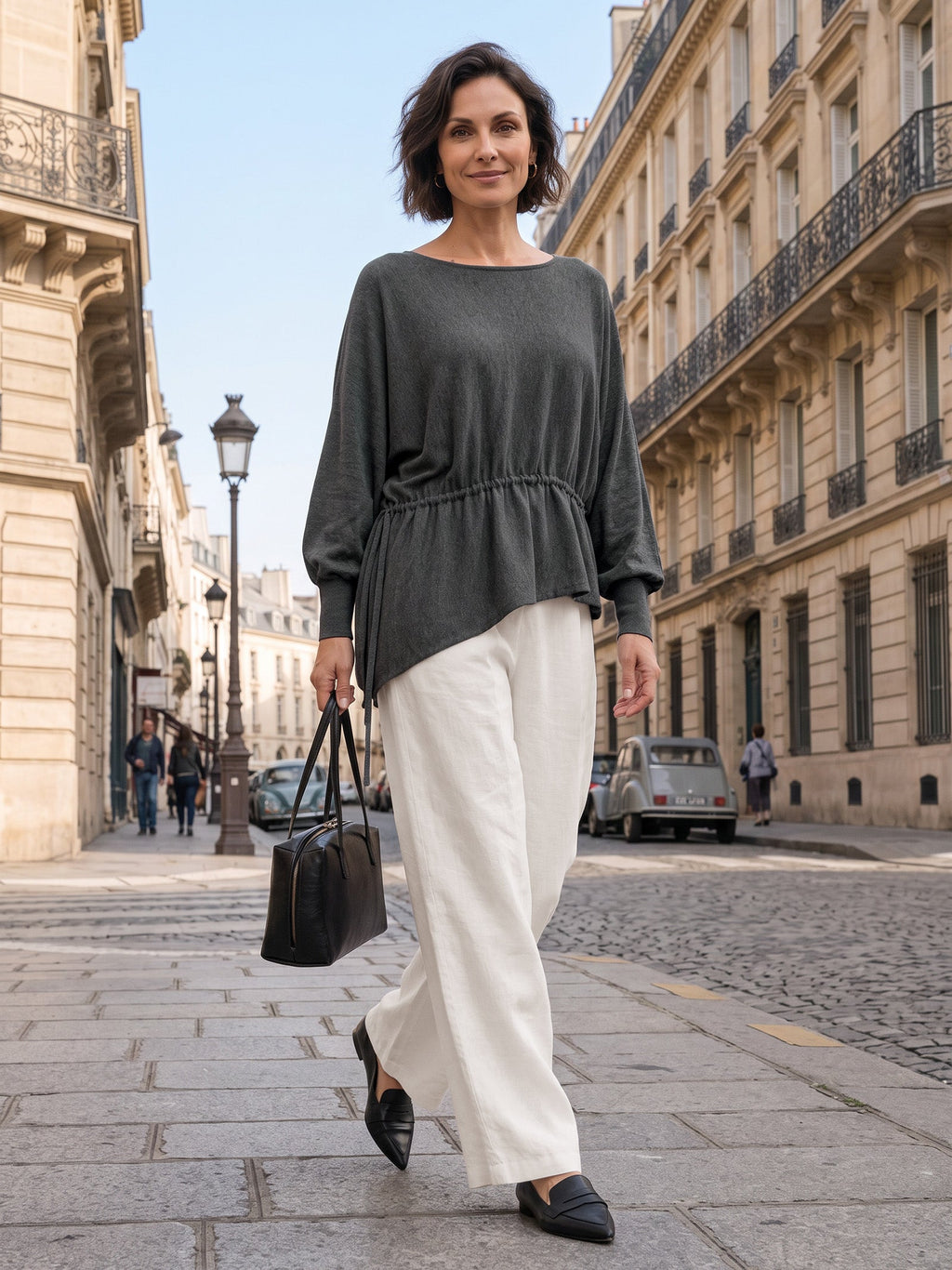 Merino Wool Asymmetric Drawstring Hem Loose Top WREN