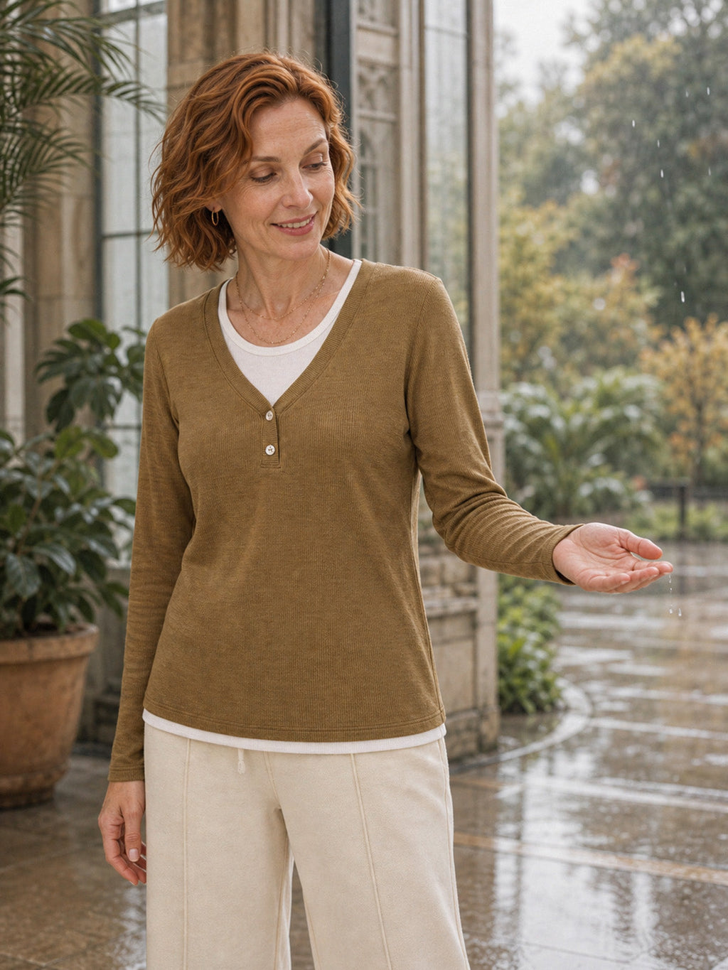 Lyocell Wool Layered Look Button Placket Top SABRINE