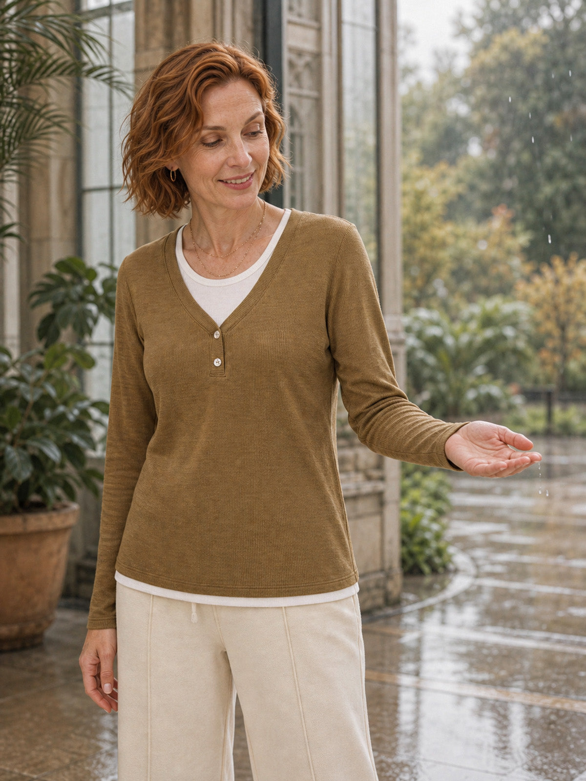 Lyocell Wool Layered Look Button Placket Top SABRINE