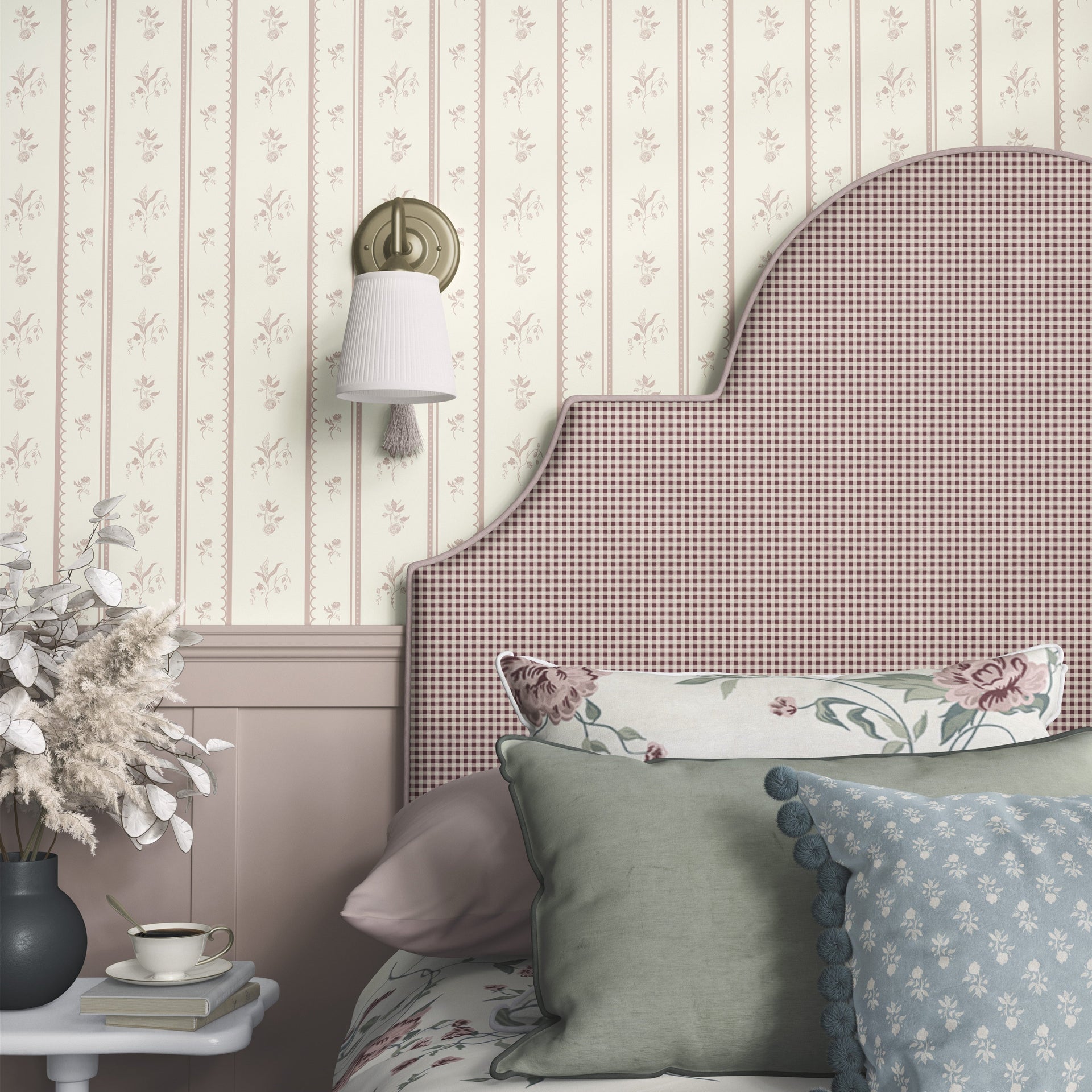 Lottie Striped Wallpaper in Beige Cream Muted-Green and Mauve