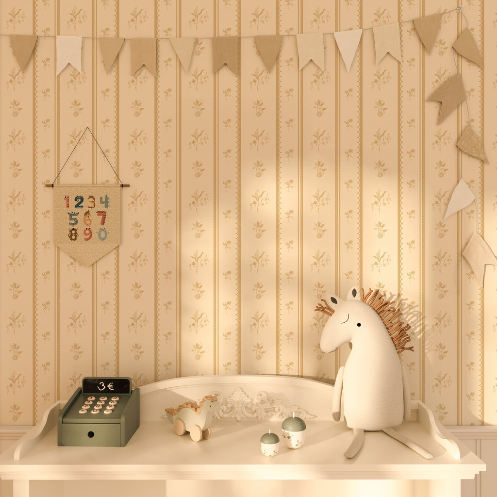 Lottie Striped Wallpaper in Beige Cream Muted-Green and Mauve