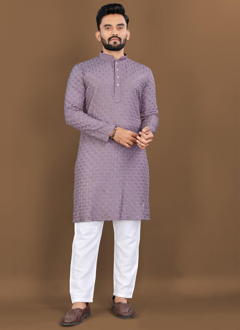 Light wine colored rayon embroidered kurta for boys with pajama