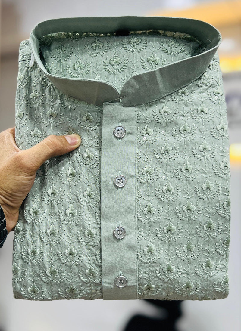 Boys Pista Green Rayon Embroidered Kurta and Pajama Set
