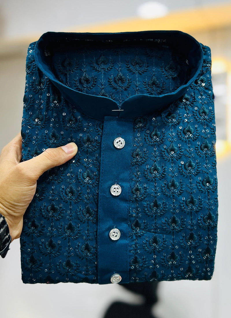 Royal Blue Rayon Embroidered Kurta With Pajama Set for Toddlers
