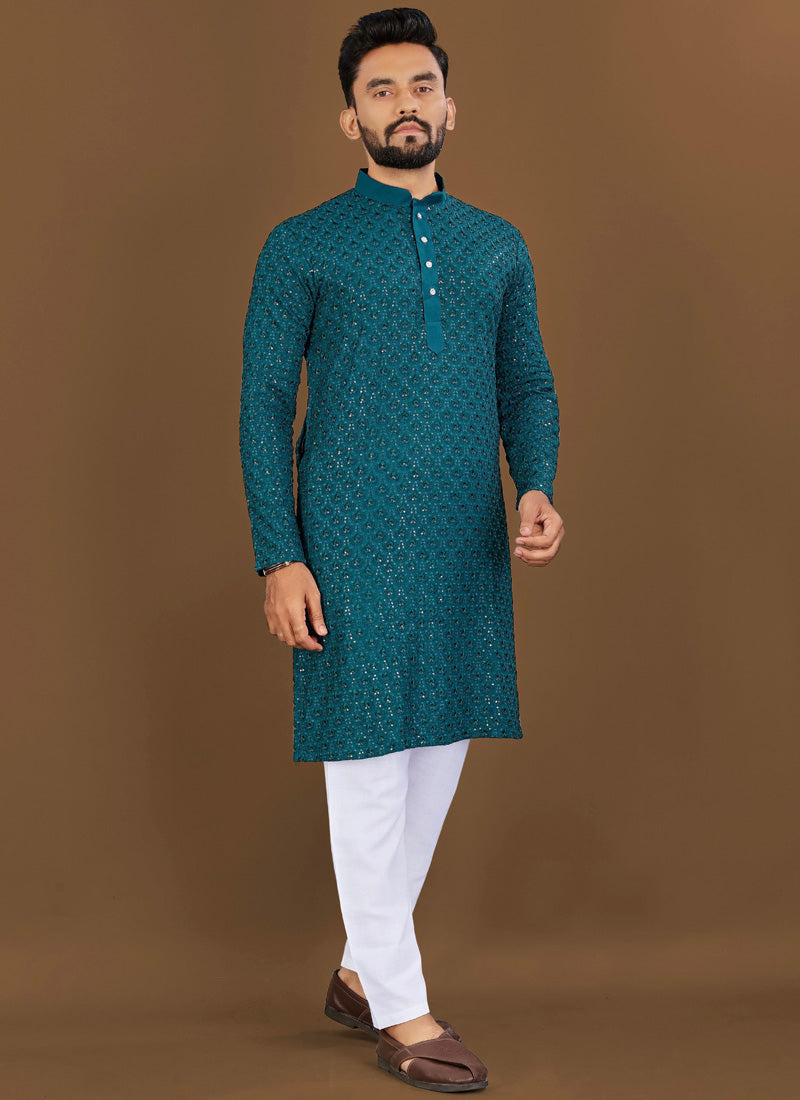 Royal blue rayon embroidered kurta set for toddler boys