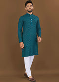 Royal blue rayon embroidered kurta set for toddler boys