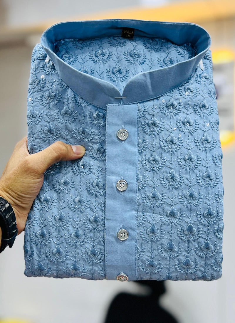 Boys Sky Blue Rayon Embroidered Kurta and Pajama Set