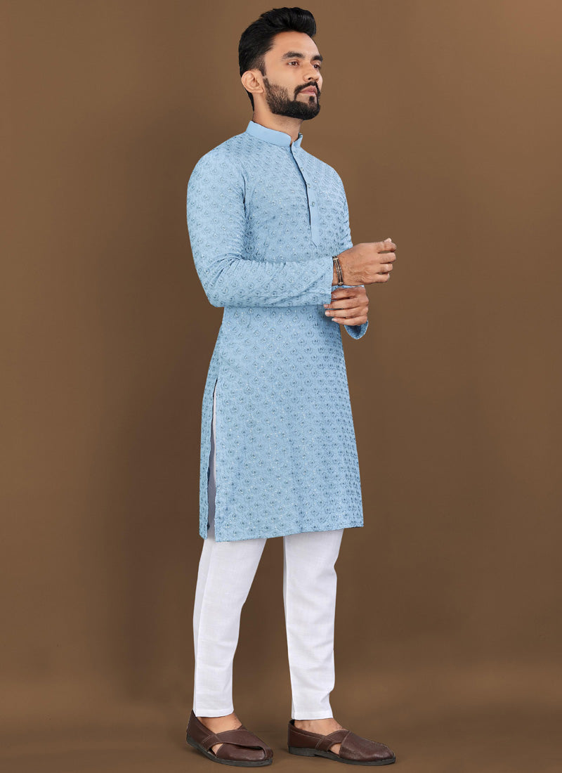 Sky blue rayon embroidered kurta with matching pajama for boys