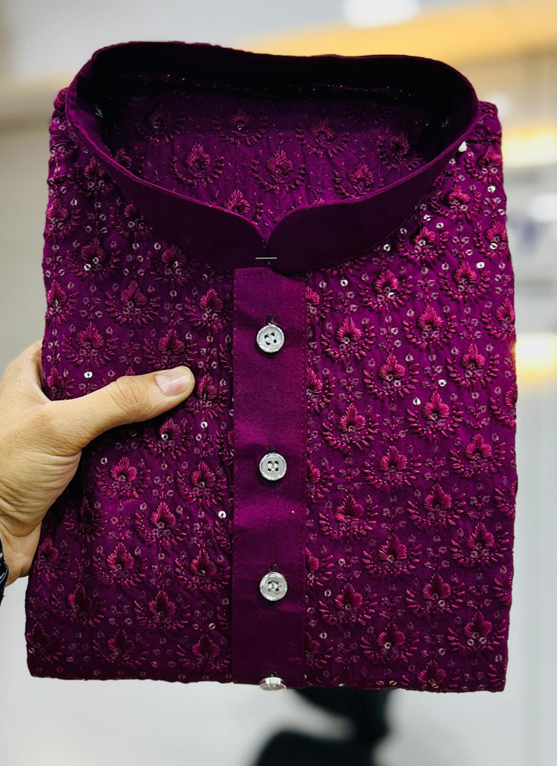 Wine Rayon Embroidered Kurta With Pajama Set for Boys