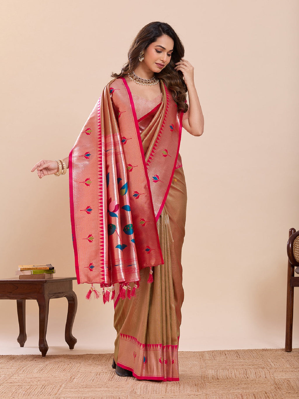 Beige Soft Silk Wedding Saree with Woven Lotus Motif Work