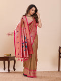 Beige Soft Silk Wedding Saree with Woven Lotus Motif Work