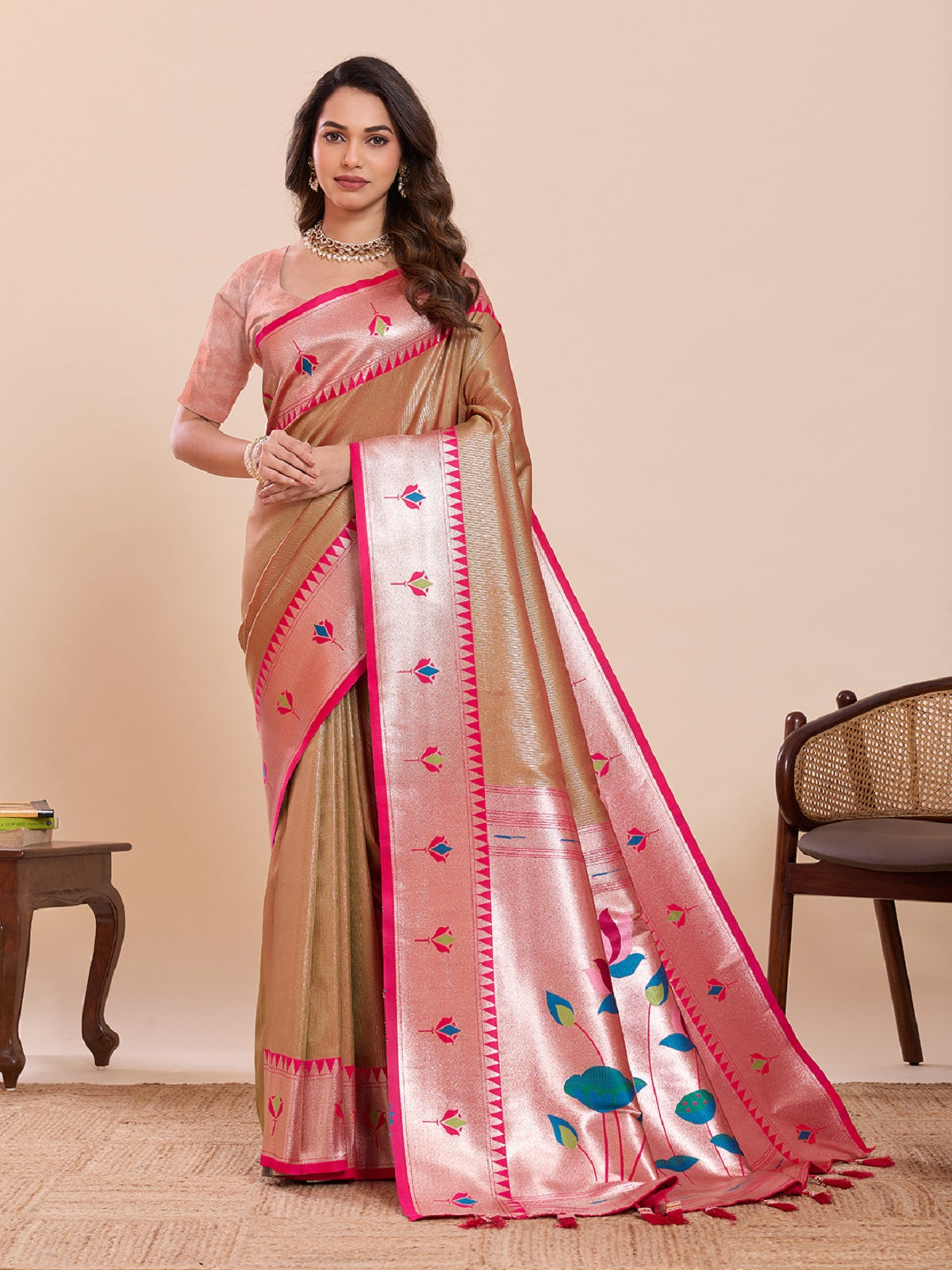 Beige soft silk saree featuring woven lotus motifs for weddings