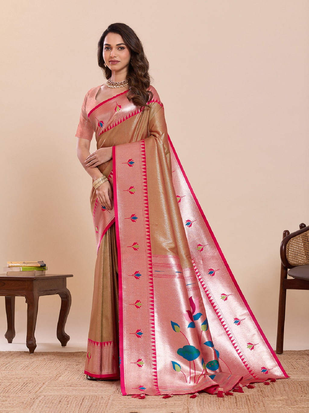 Beige Soft Silk Wedding Saree with Woven Lotus Motif Work