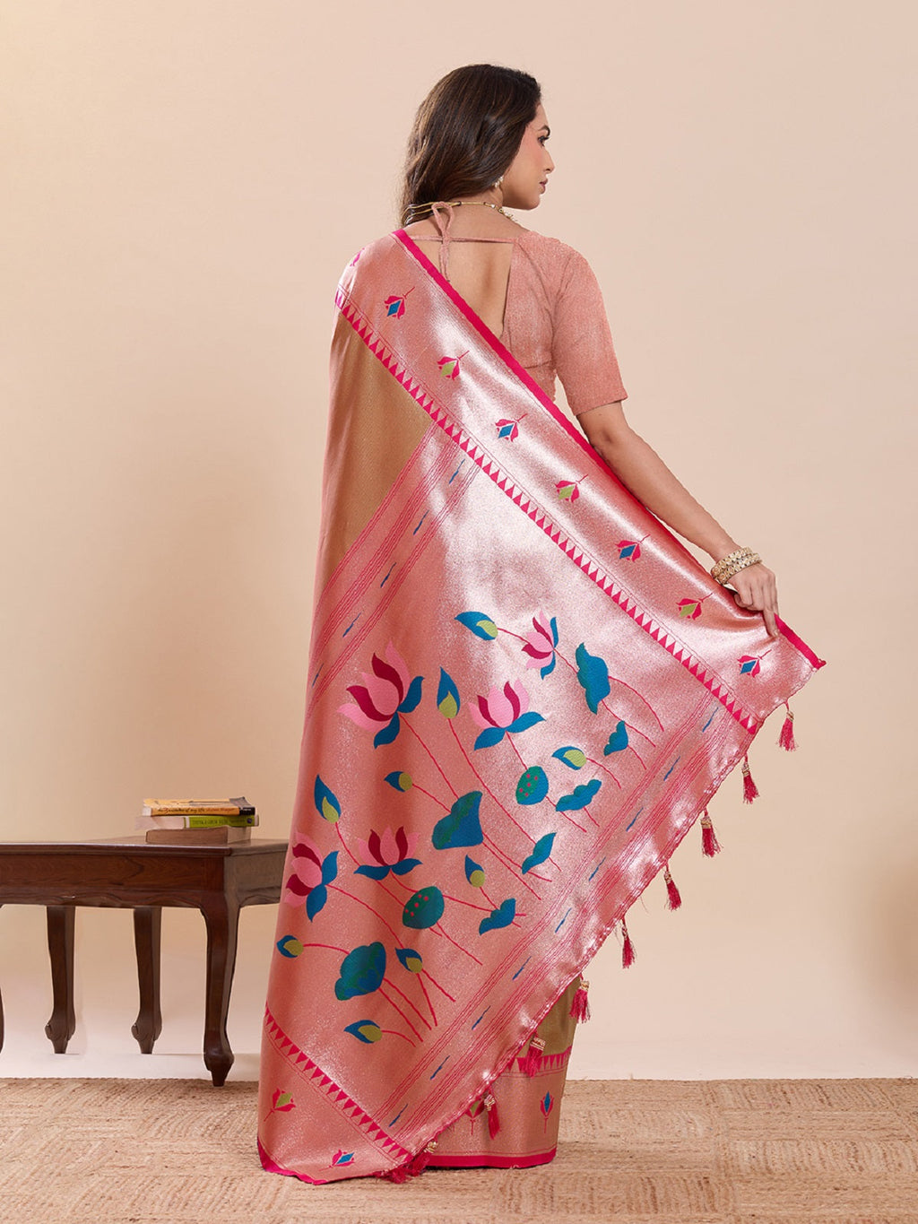 Beige Soft Silk Wedding Saree with Woven Lotus Motif Work