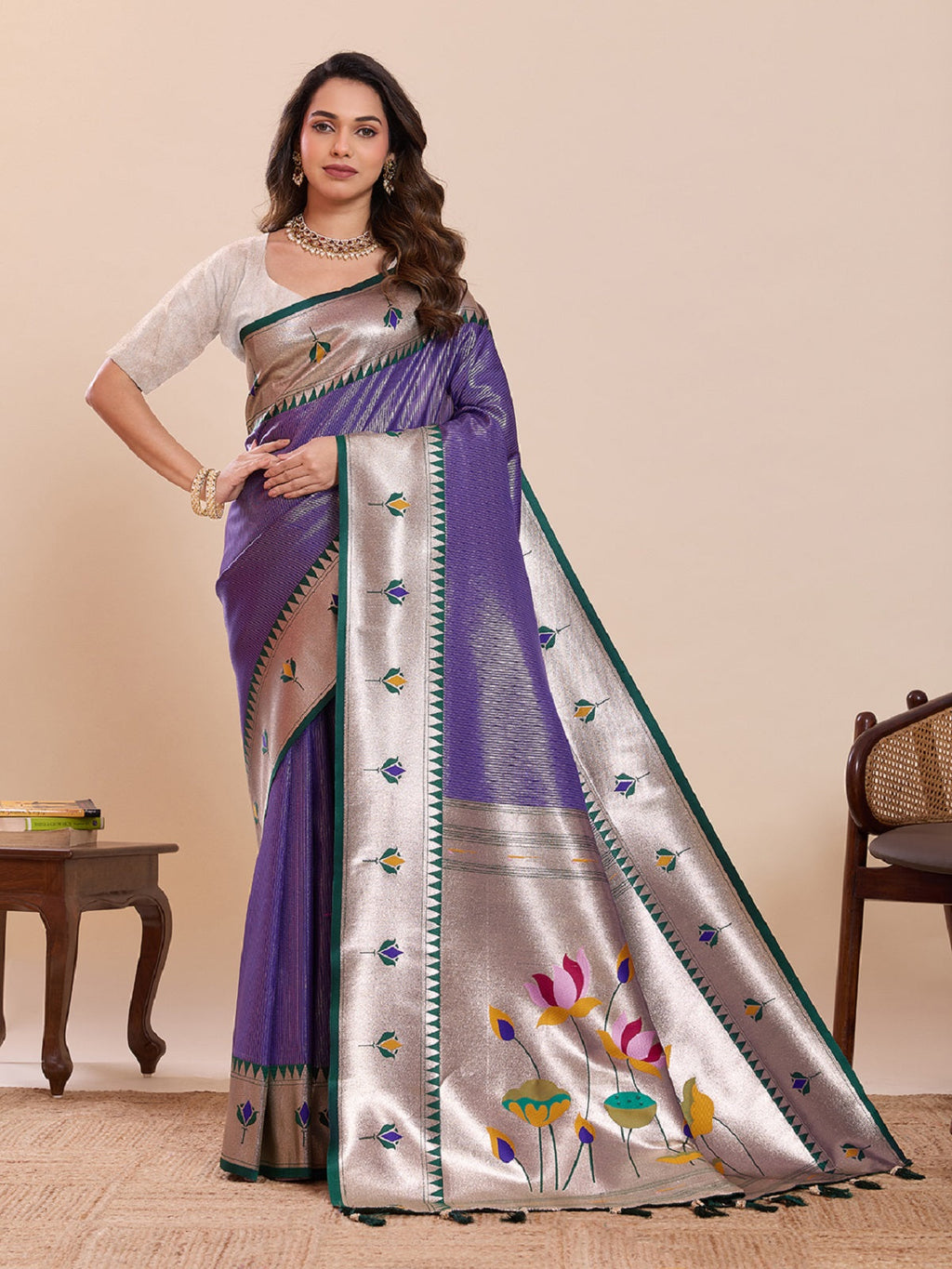 Blue pure soft silk wedding saree with woven lotus motif work and unstitched blouse
