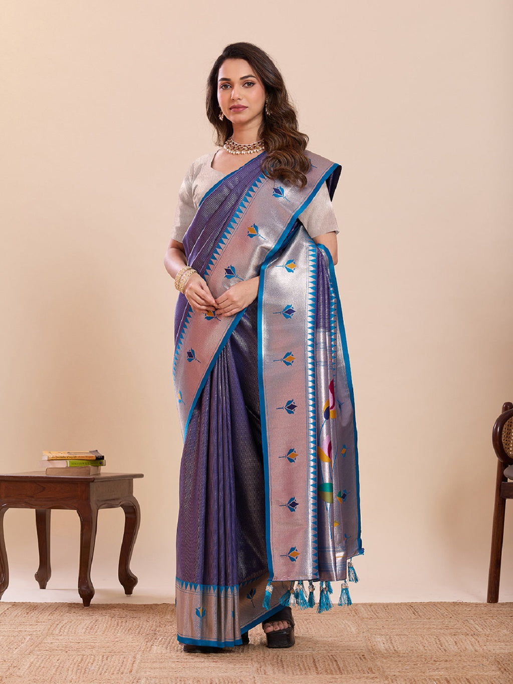 Sky Blue soft silk saree featuring woven lotus motifs and an unstitched blouse